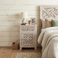 Distressed White One Drawer Carved Floral Solid Wood Nightstand - 30-inch
