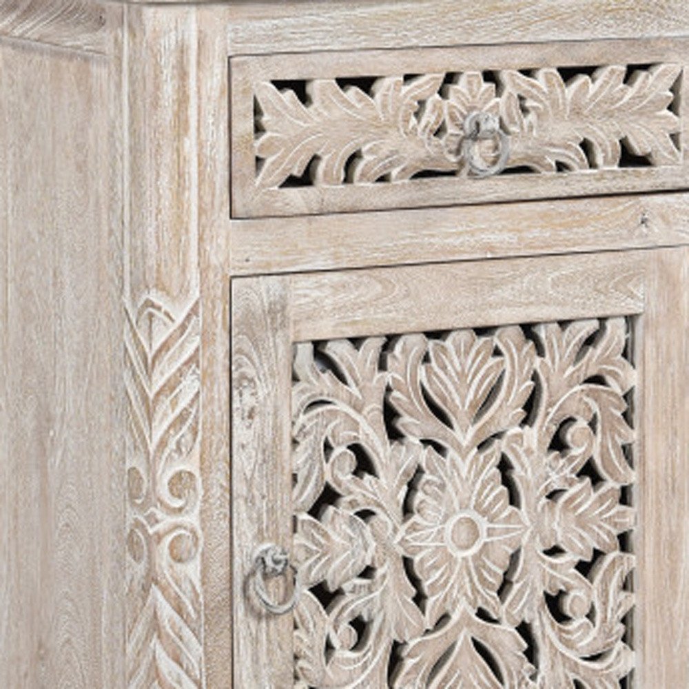 Distressed White One Drawer Carved Floral Solid Wood Nightstand - 30-inch