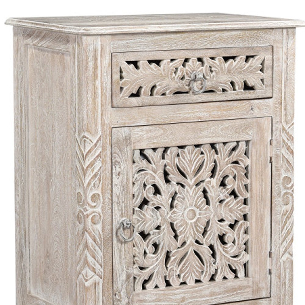 Distressed White One Drawer Carved Floral Solid Wood Nightstand - 30-inch