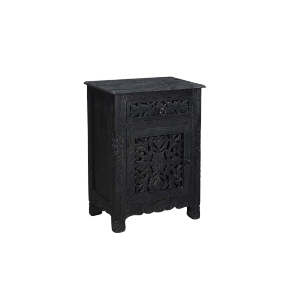 Black Solid Wood Distressed One Drawer Nightstand - 30-inch