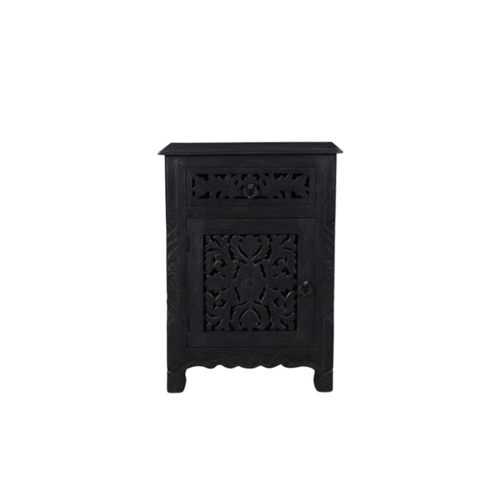Black Solid Wood Distressed One Drawer Nightstand - 30-inch