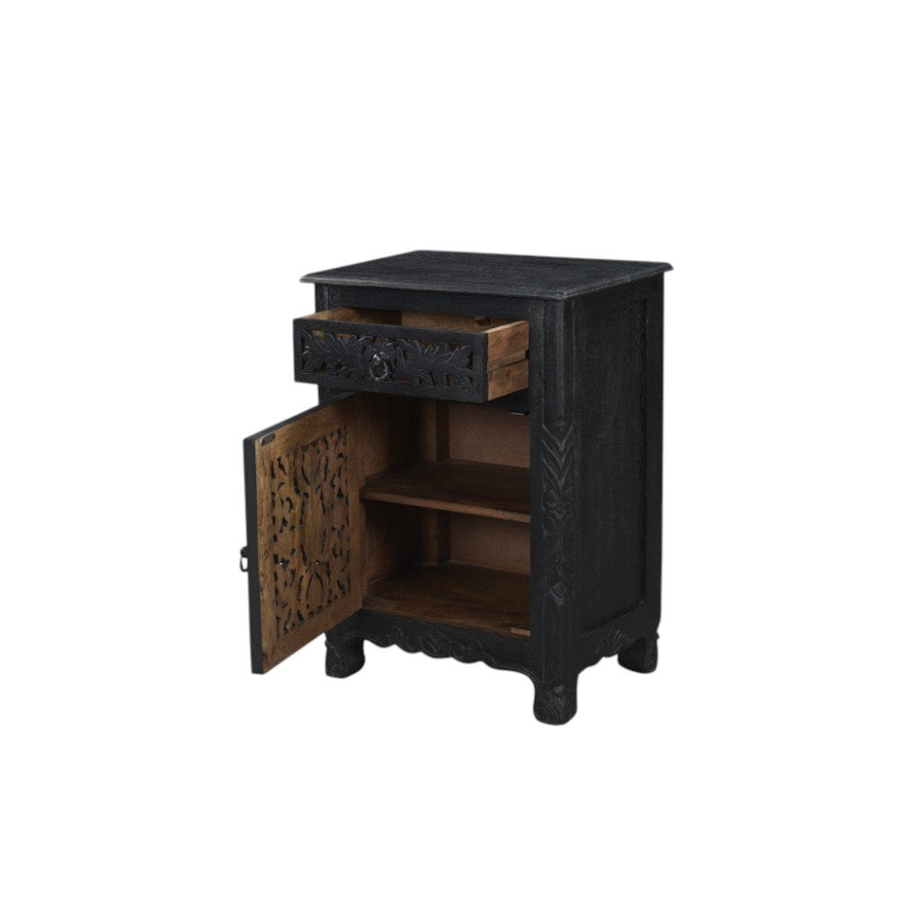 Black Solid Wood Distressed One Drawer Nightstand - 30-inch