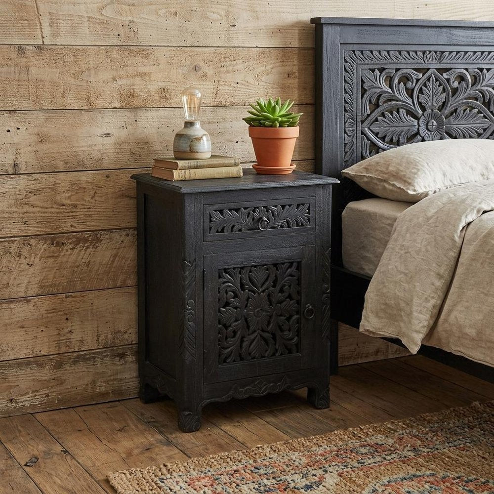 Black Solid Wood Distressed One Drawer Nightstand - 30-inch