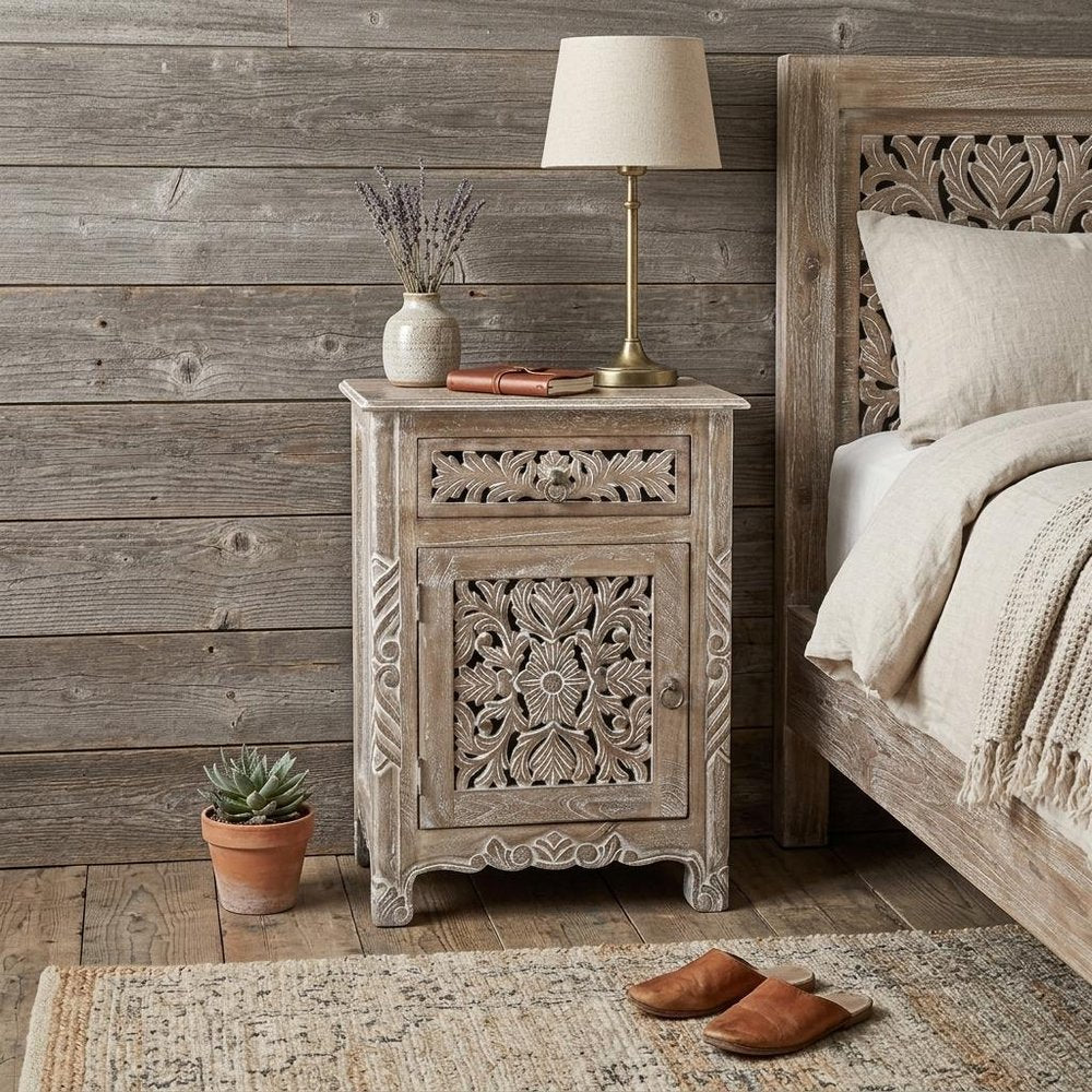 Gray Solid Wood Distressed One Drawer Nightstand - 30-inch