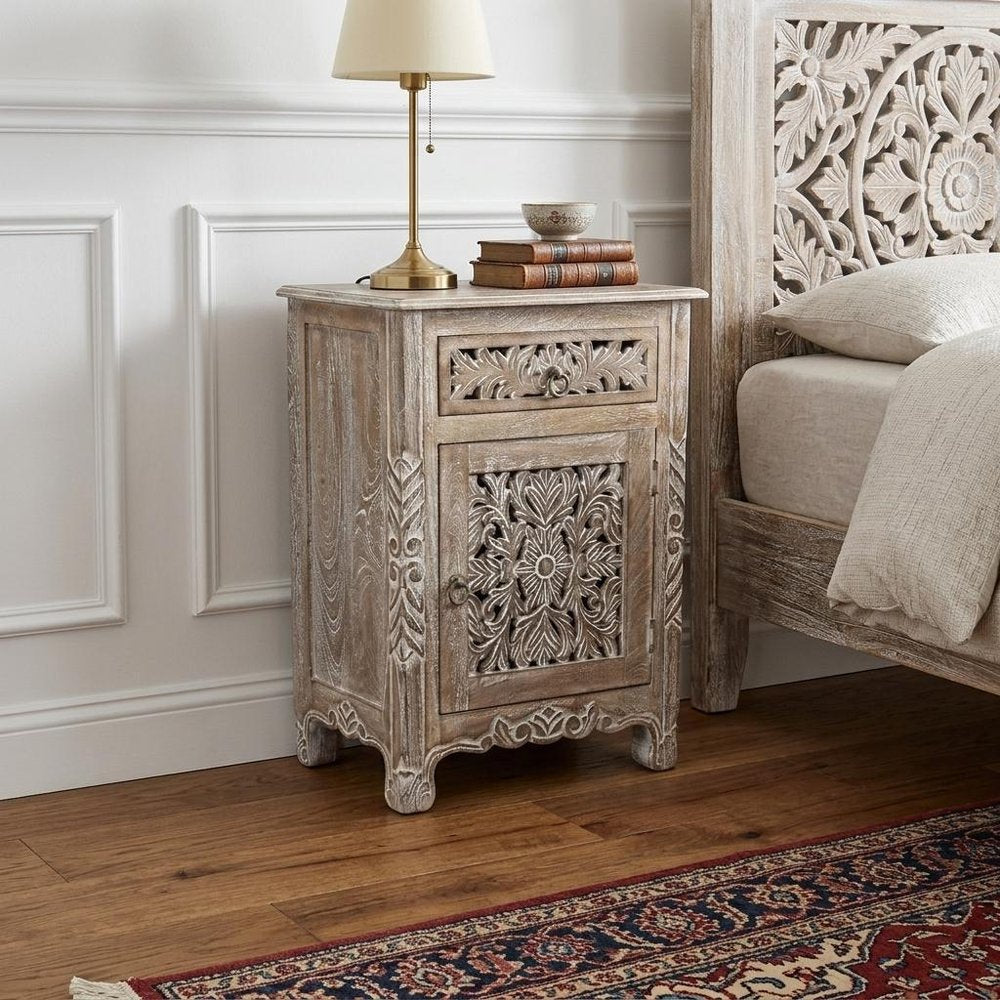 Gray Solid Wood Distressed One Drawer Nightstand - 30-inch