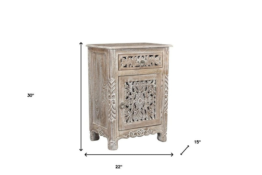 Gray Solid Wood Distressed One Drawer Nightstand - 30-inch