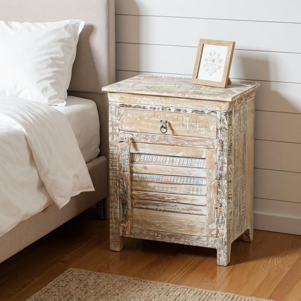 White Solid Wood Distressed One Drawer Nightstand - 30-inch