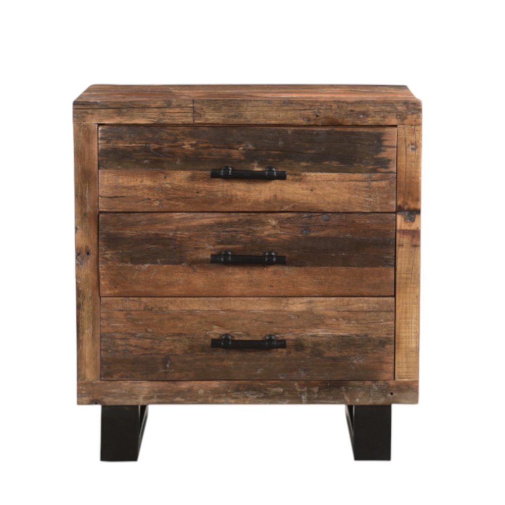 Dark Brown Solid Wood Distressed Three Drawer Nightstand - 30-inch