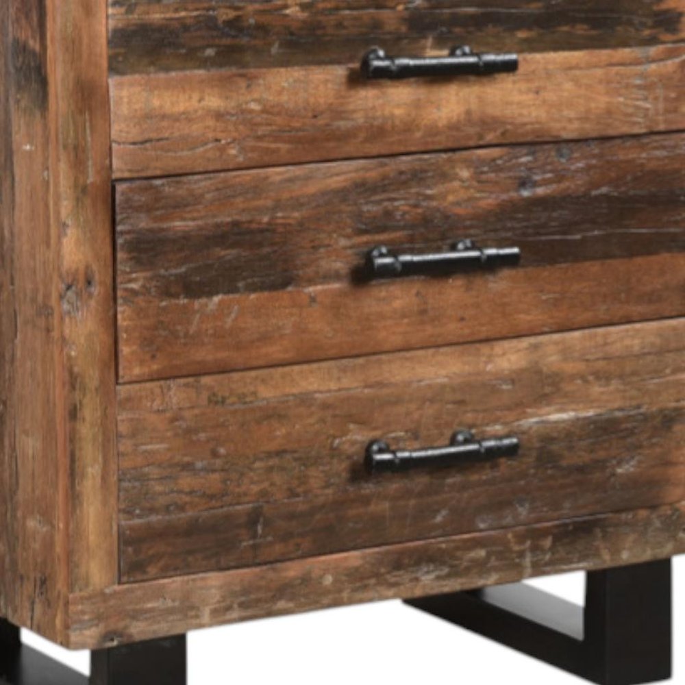 Dark Brown Solid Wood Distressed Three Drawer Nightstand - 30-inch