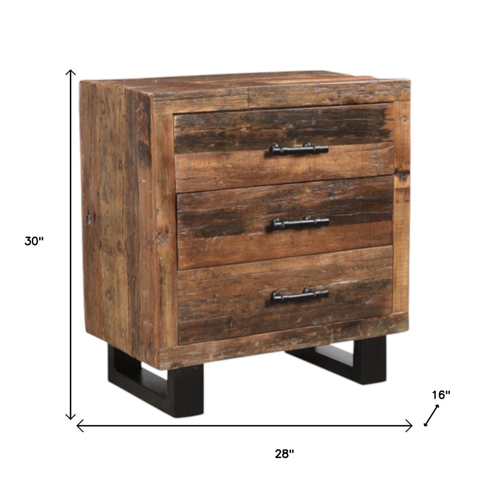 Dark Brown Solid Wood Distressed Three Drawer Nightstand - 30-inch