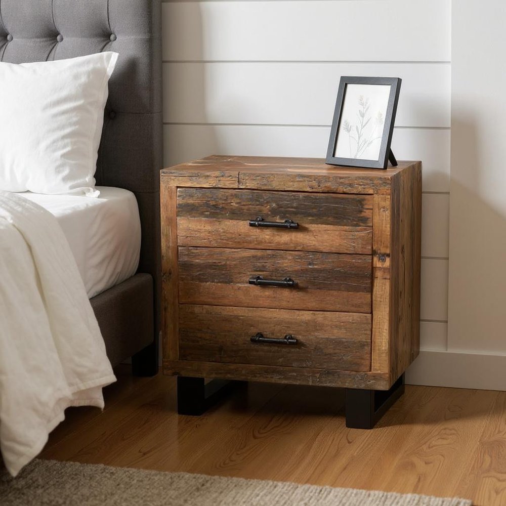Dark Brown Solid Wood Distressed Three Drawer Nightstand - 30-inch