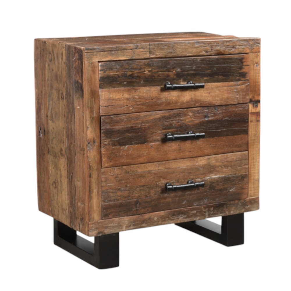 Dark Brown Solid Wood Distressed Three Drawer Nightstand - 30-inch