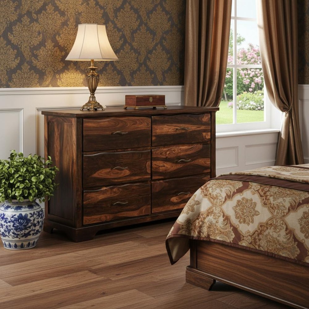 Dark Brown Solid Wood Six Drawer Dresser - 60-inch