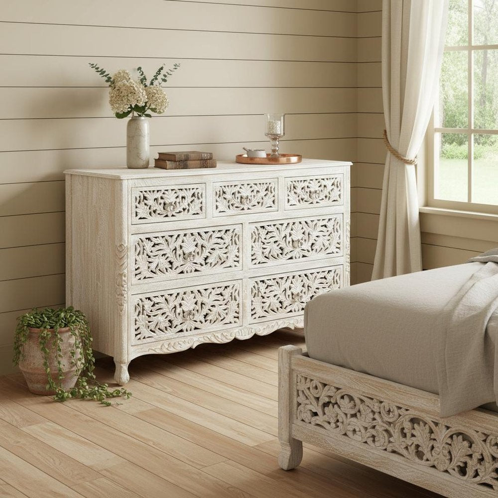 White Solid Wood Seven Drawer Dresser - 57-inch
