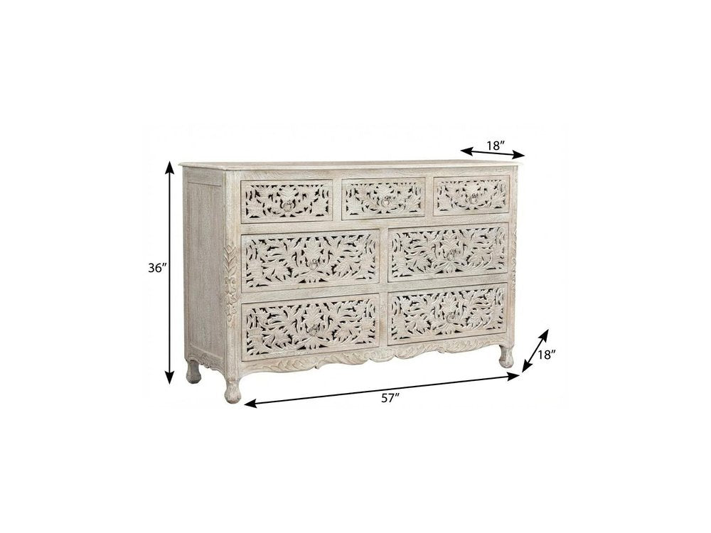 White Solid Wood Seven Drawer Dresser - 57-inch