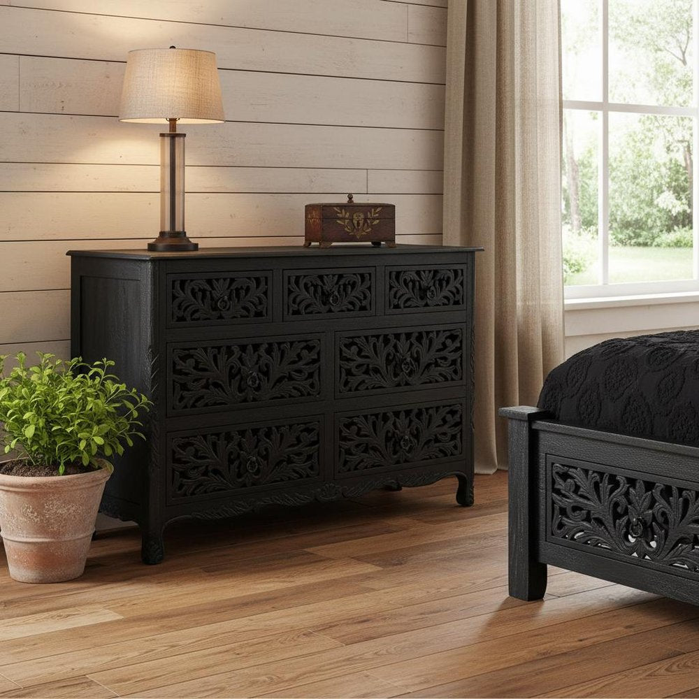 Black Solid Wood Seven Drawer Dresser - 57-inch