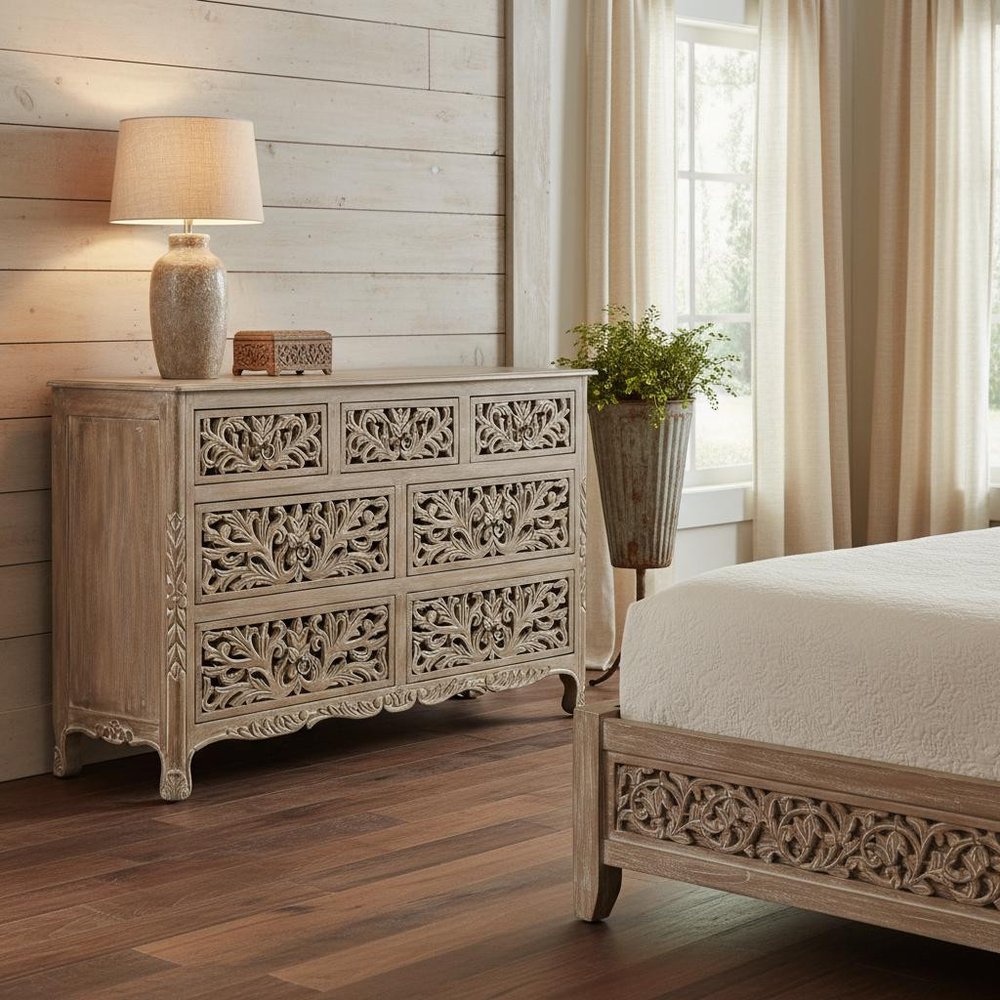 Gray Solid Wood Seven Drawer Dresser - 57-inch