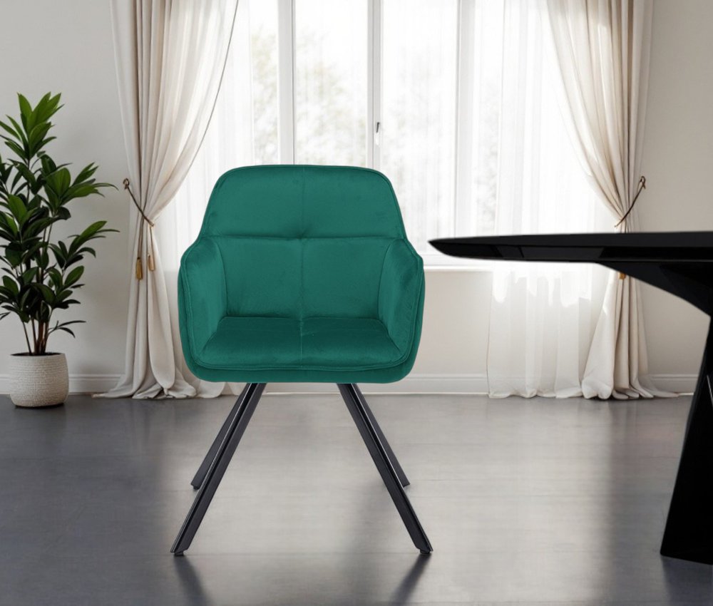 Tufted Green and Black Velvet and Metal Dining Arm Chair