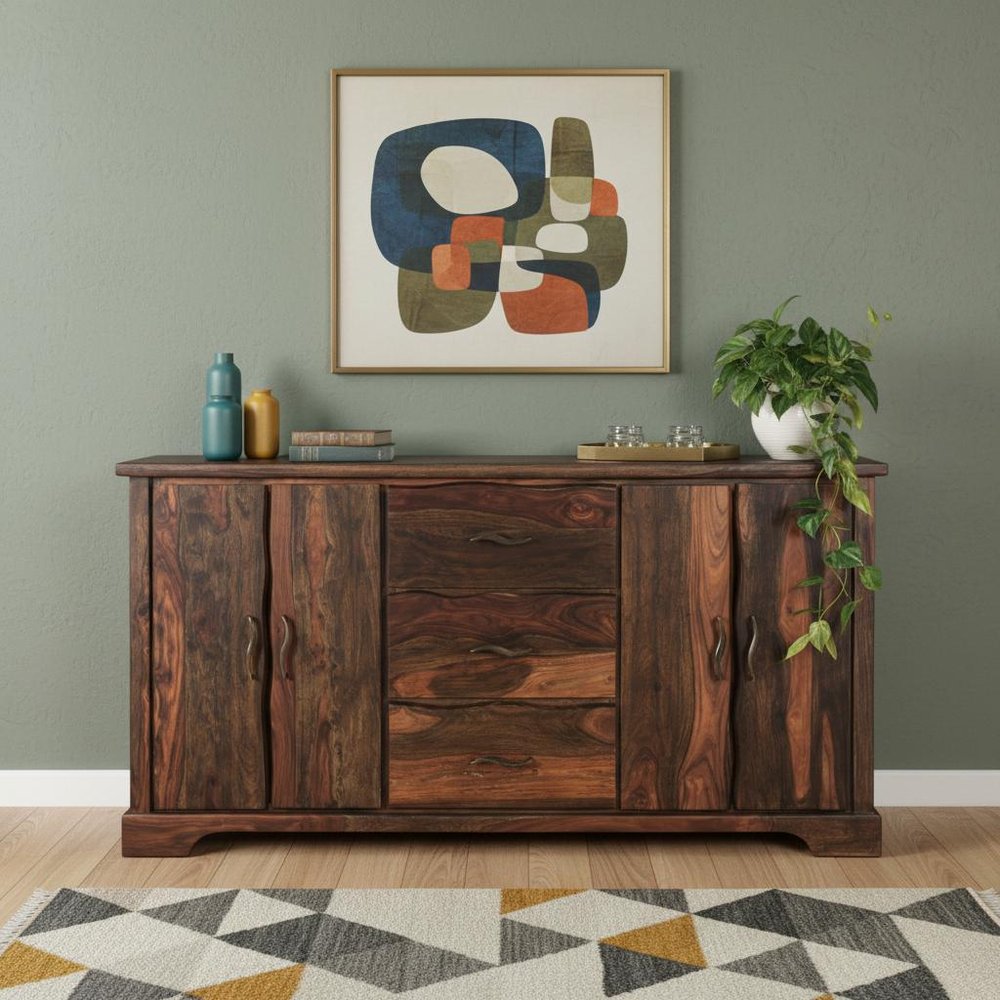 Dark Brown Solid Wood Live Edge Three Drawer Sideboard with Four Doors - 72-inch