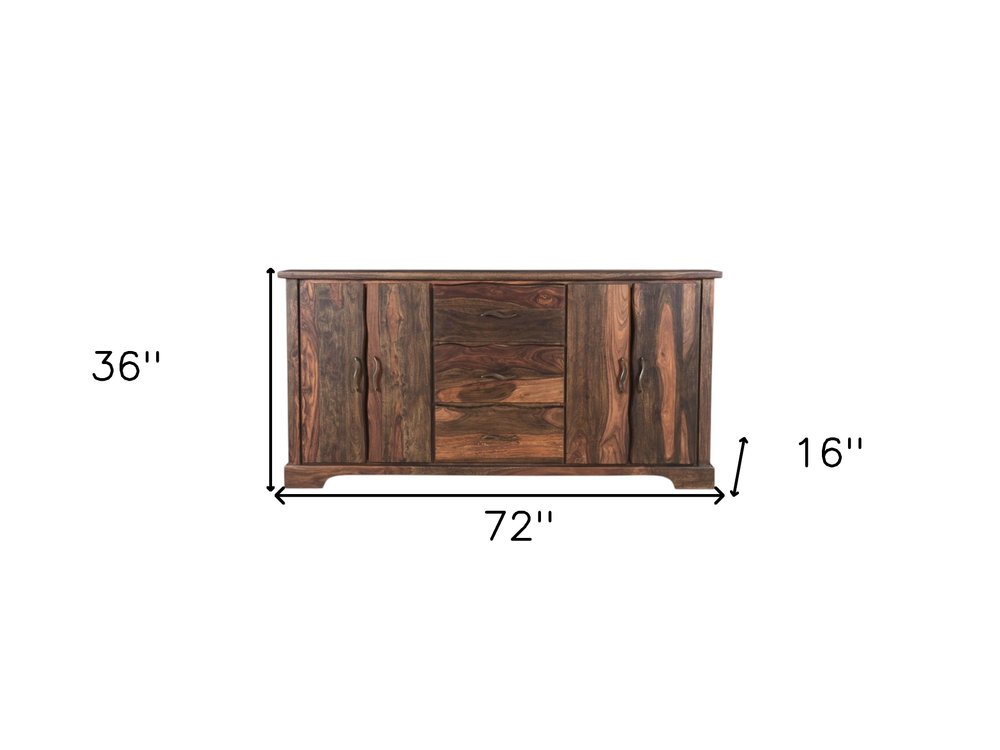 Dark Brown Solid Wood Live Edge Three Drawer Sideboard with Four Doors - 72-inch