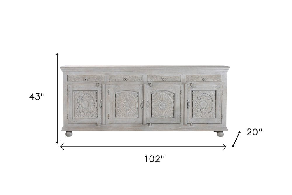Gray Distressed Solid Wood Carved Floral Four Drawer Sideboard with Four Doors