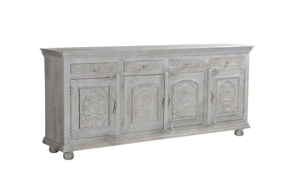 Gray Distressed Solid Wood Carved Floral Four Drawer Sideboard with Four Doors