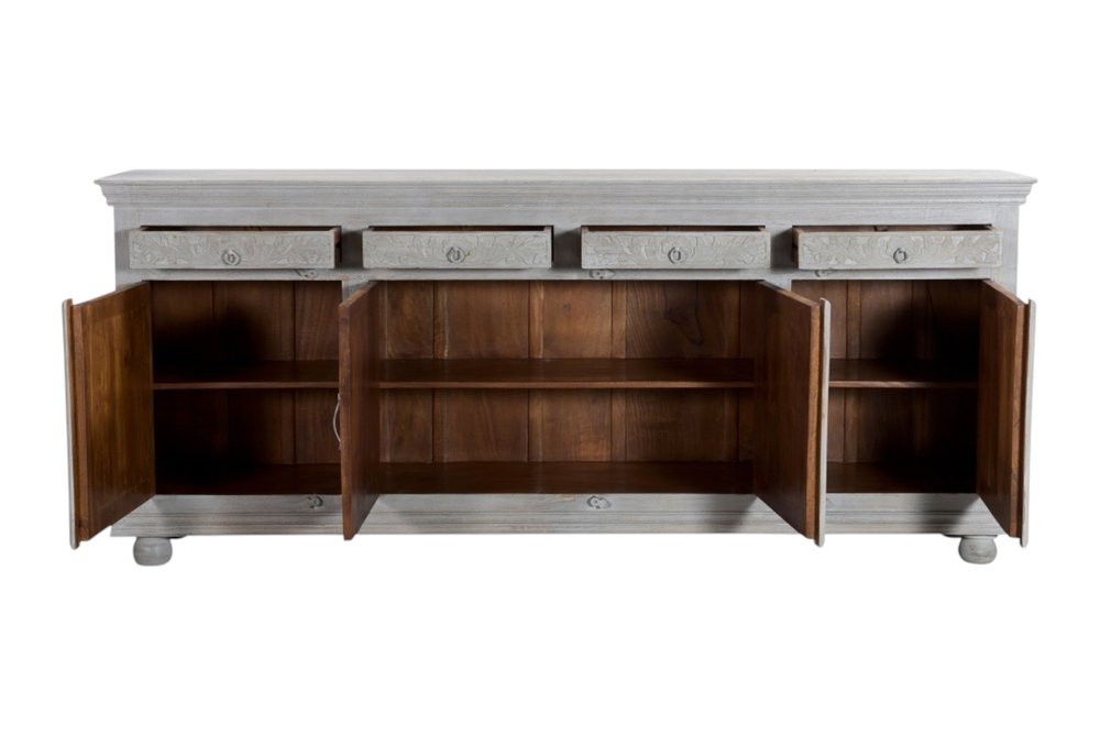 Gray Distressed Solid Wood Carved Floral Four Drawer Sideboard with Four Doors