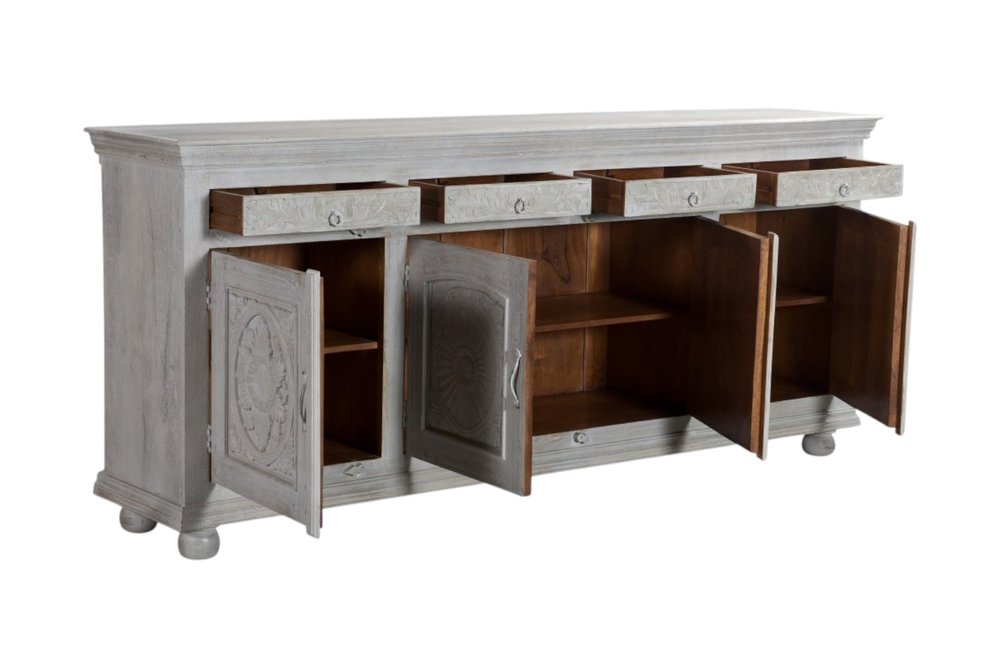 Gray Distressed Solid Wood Carved Floral Four Drawer Sideboard with Four Doors