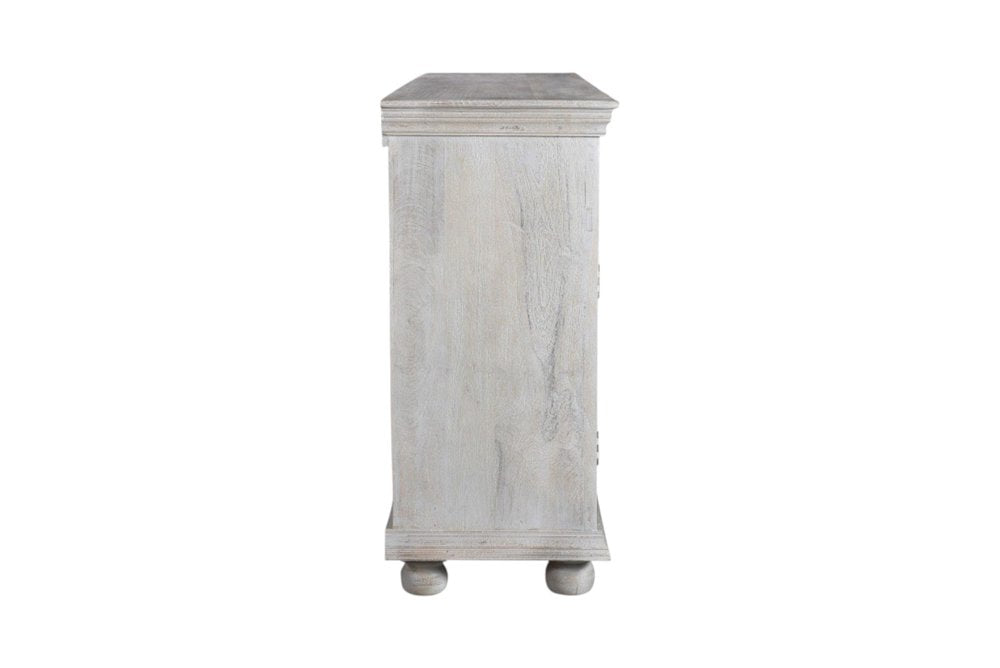 Gray Distressed Solid Wood Carved Floral Four Drawer Sideboard with Four Doors