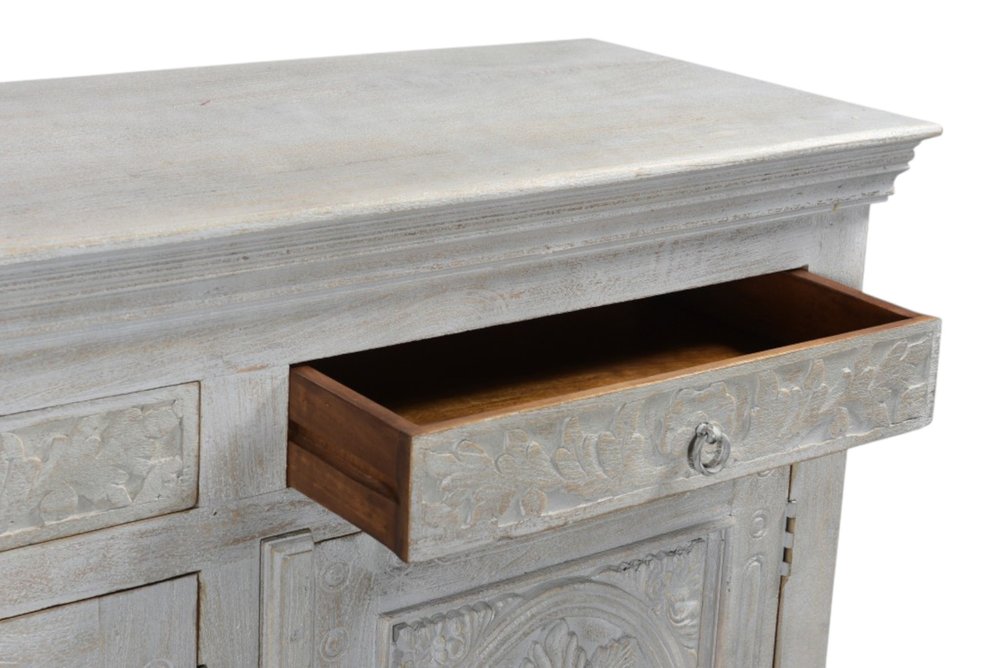 Gray Distressed Solid Wood Carved Floral Four Drawer Sideboard with Four Doors