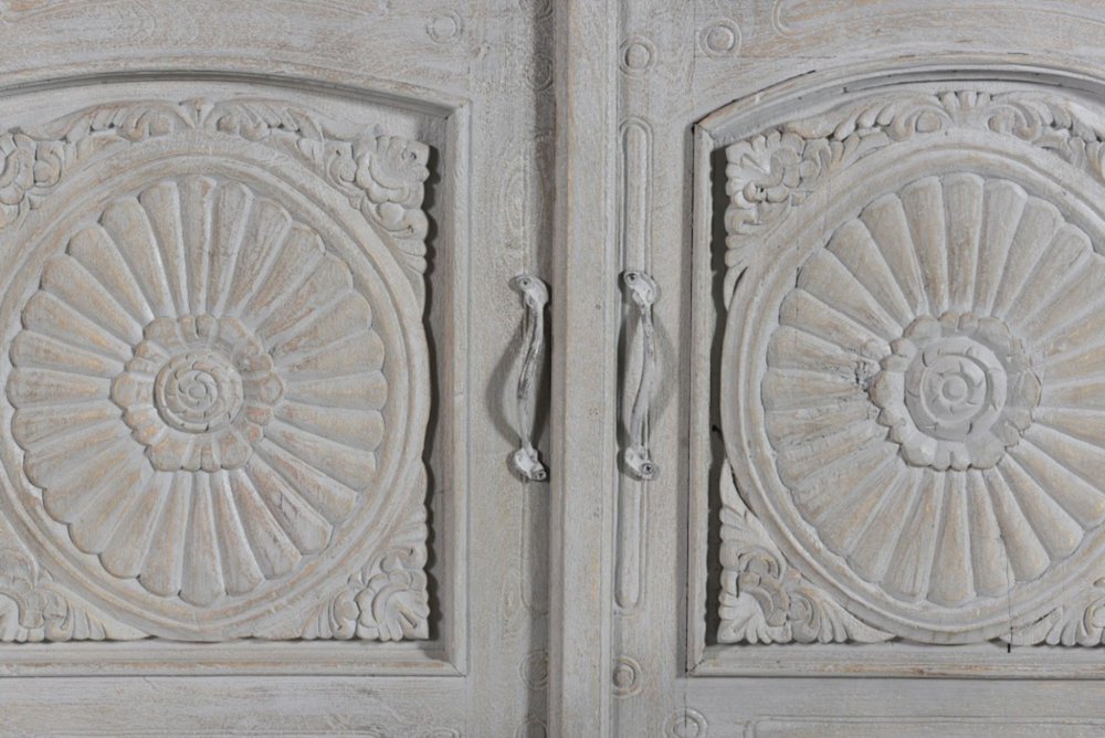 Gray Distressed Solid Wood Carved Floral Four Drawer Sideboard with Four Doors