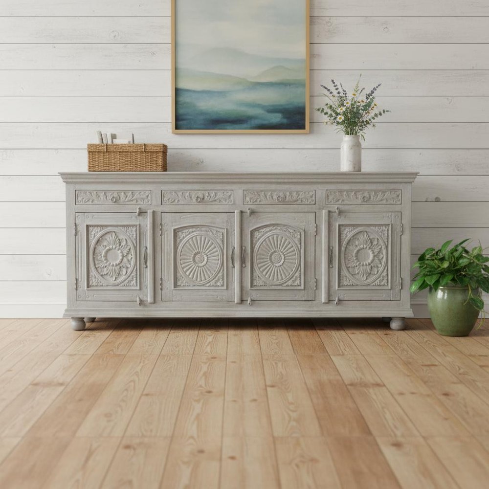 Gray Distressed Solid Wood Carved Floral Four Drawer Sideboard with Four Doors