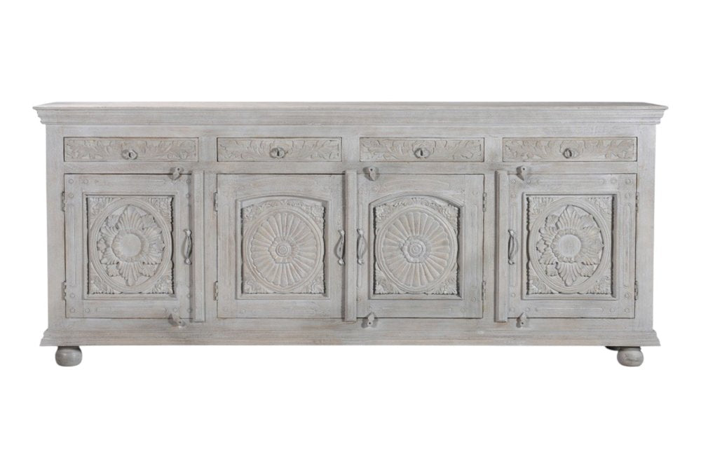 Gray Distressed Solid Wood Carved Floral Four Drawer Sideboard with Four Doors