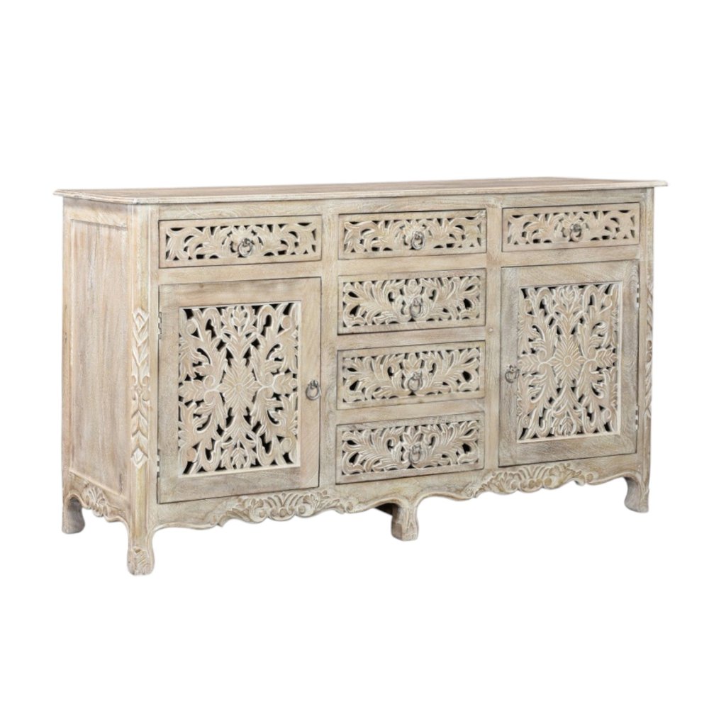 White Distressed Solid Wood Carved Floral Six Drawer Sideboard with Two Doors