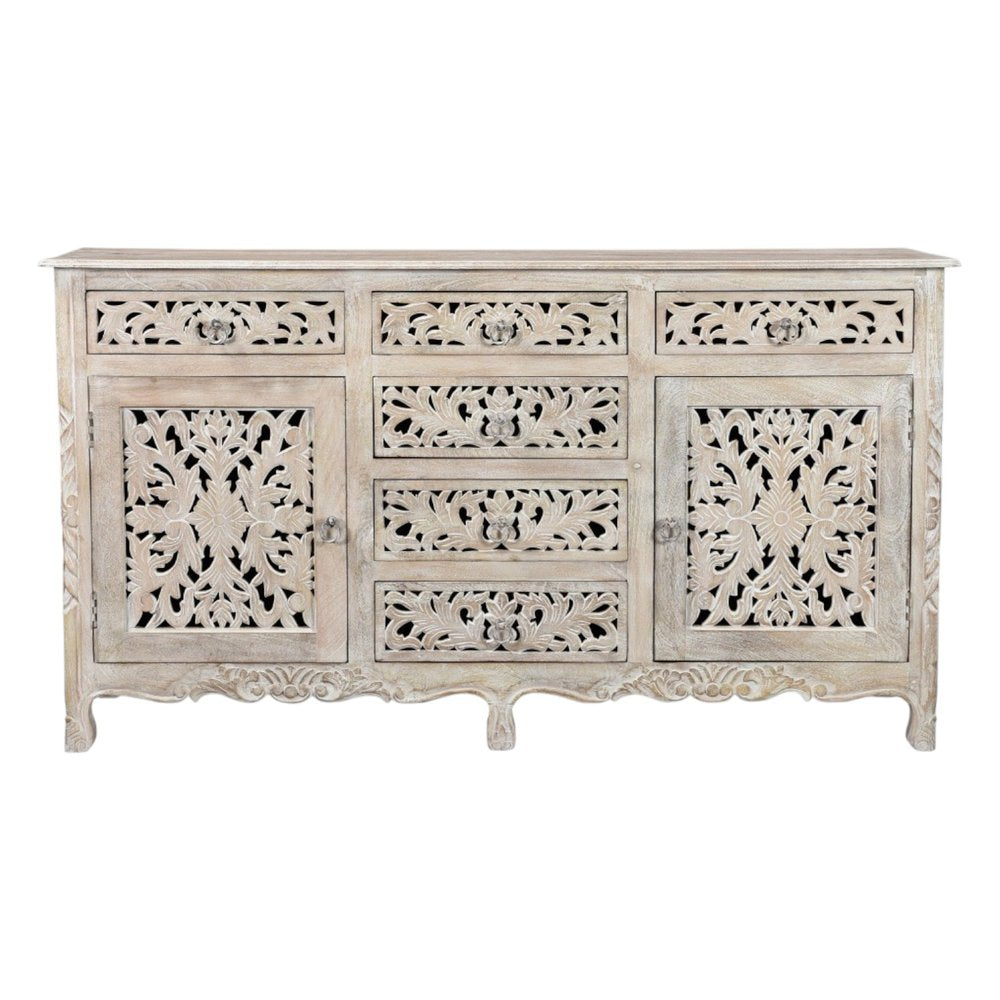 White Distressed Solid Wood Carved Floral Six Drawer Sideboard with Two Doors