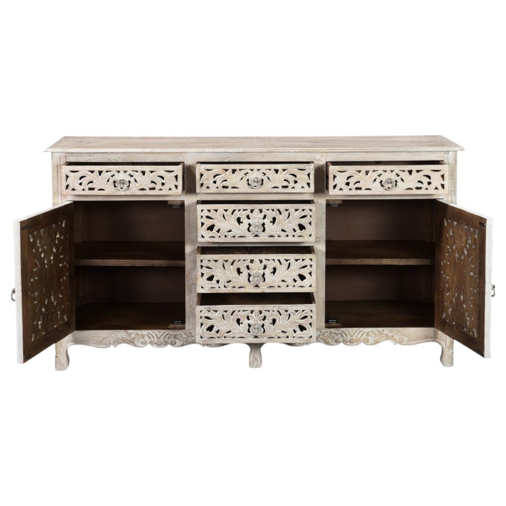 White Distressed Solid Wood Carved Floral Six Drawer Sideboard with Two Doors