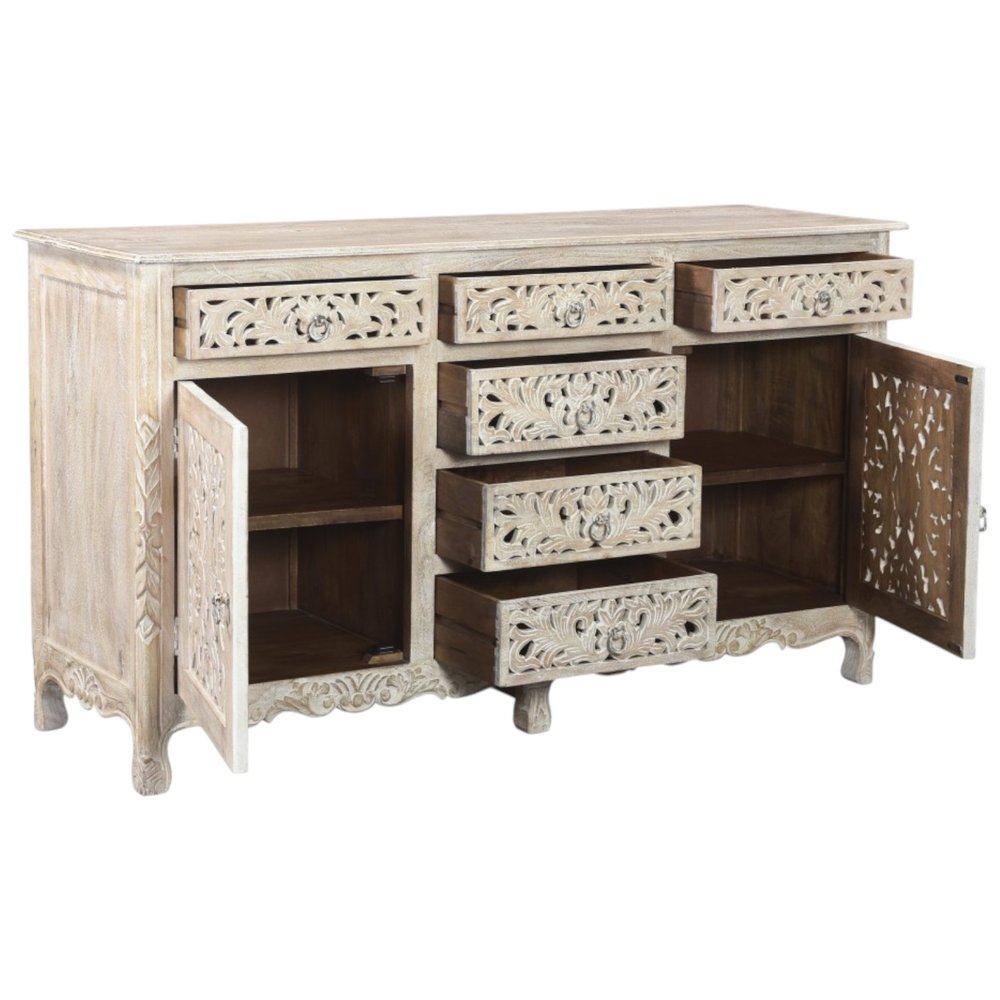 White Distressed Solid Wood Carved Floral Six Drawer Sideboard with Two Doors