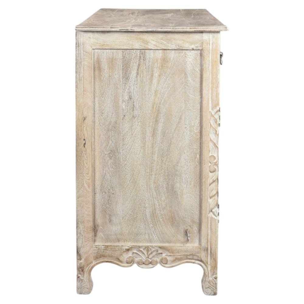 White Distressed Solid Wood Carved Floral Six Drawer Sideboard with Two Doors