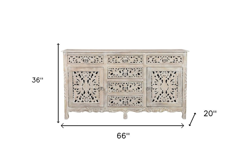 White Distressed Solid Wood Carved Floral Six Drawer Sideboard with Two Doors