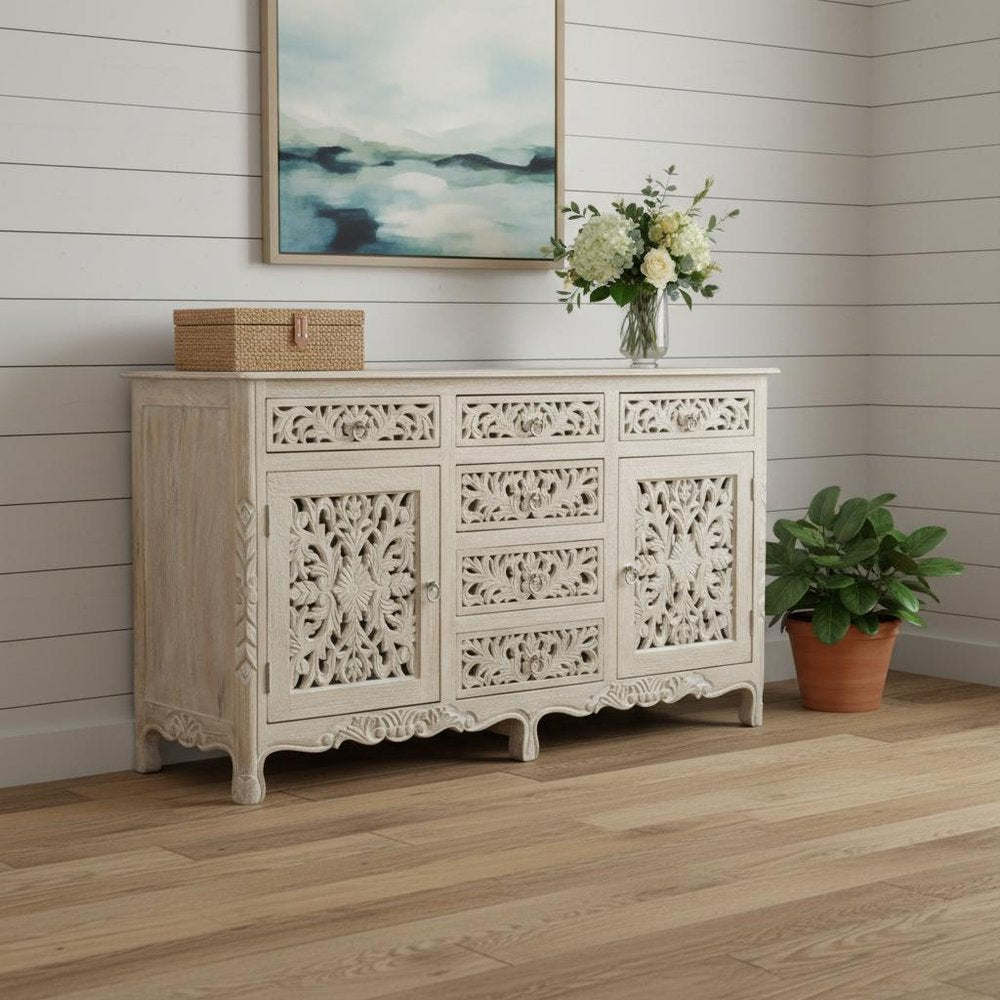 White Distressed Solid Wood Carved Floral Six Drawer Sideboard with Two Doors