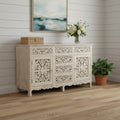 White Distressed Solid Wood Carved Floral Six Drawer Sideboard with Two Doors
