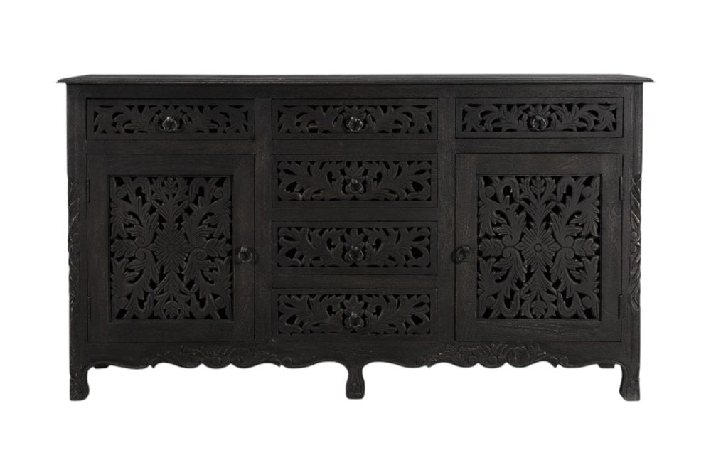 Black Distressed Solid Wood Carved Floral Six Drawer Sideboard with Two Doors