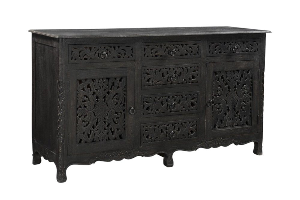 Black Distressed Solid Wood Carved Floral Six Drawer Sideboard with Two Doors