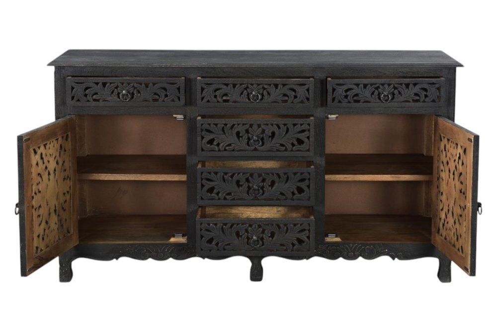 Black Distressed Solid Wood Carved Floral Six Drawer Sideboard with Two Doors