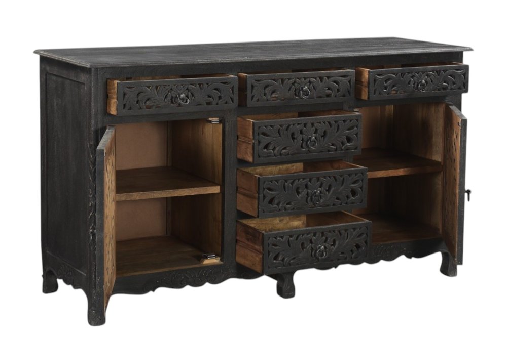 Black Distressed Solid Wood Carved Floral Six Drawer Sideboard with Two Doors