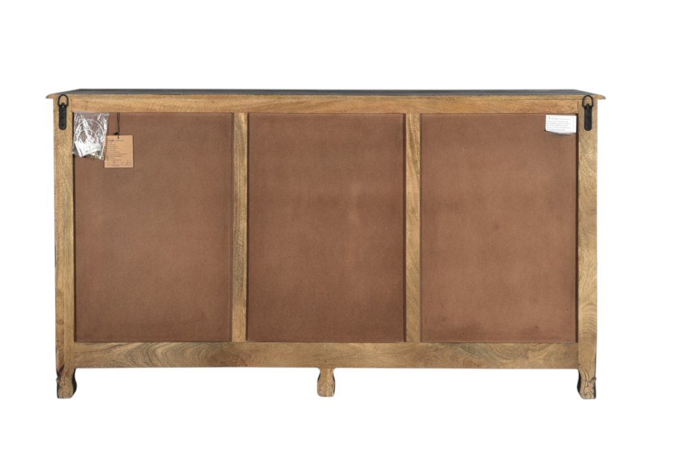 Black Distressed Solid Wood Carved Floral Six Drawer Sideboard with Two Doors
