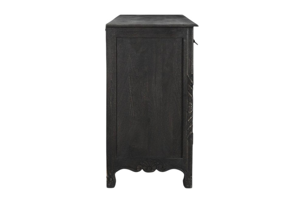 Black Distressed Solid Wood Carved Floral Six Drawer Sideboard with Two Doors