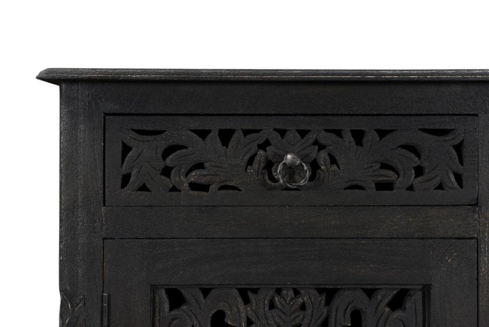 Black Distressed Solid Wood Carved Floral Six Drawer Sideboard with Two Doors