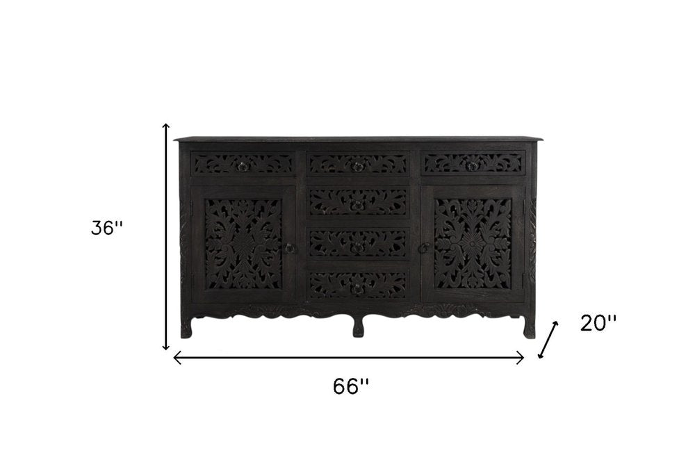 Black Distressed Solid Wood Carved Floral Six Drawer Sideboard with Two Doors