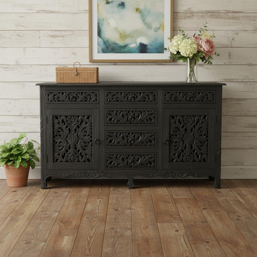 Black Distressed Solid Wood Carved Floral Six Drawer Sideboard with Two Doors
